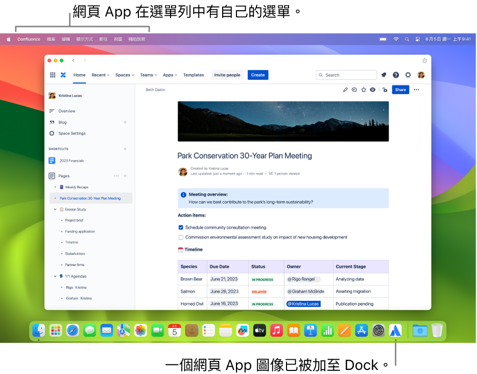 Safari 視窗將 Confluence 網站顯示為網頁 App，Dock 顯示 Confluence選單列和 Confluence 圖像。