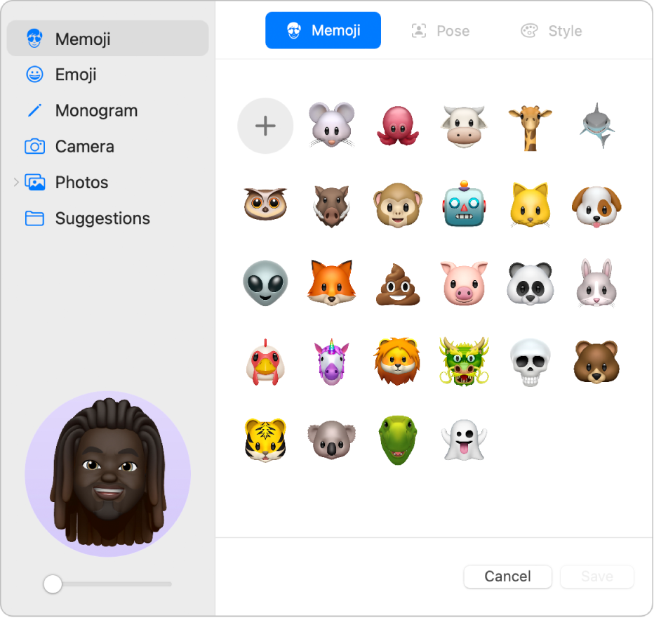 Les opcions d’imatge de l’ID d’Apple. Hi ha una llista d’opcions d’imatge a la barra lateral, com ara Memoji, Monograma, Fotos, etc. L’opció “Memojis” està seleccionada i es mostra una retícula de memojis.