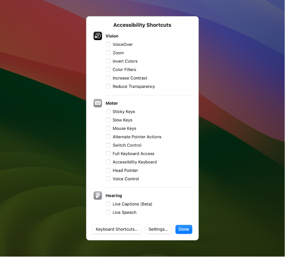 The Accessibility Shortcuts panel listing Vision features (such as Color Filters), Physical Motor features (such as Full Keyboard Access), and Hearing features (such as Live Captions (Beta)).