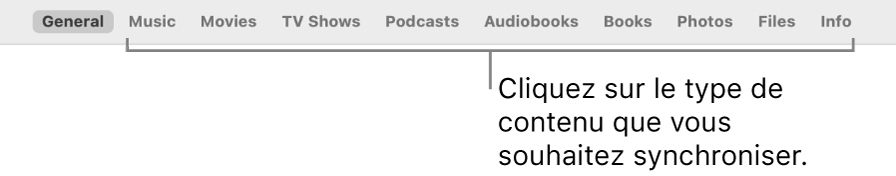 La barre des boutons affichant le bouton Général et les boutons de contenus comme la musique, les films, les séries TV et bien plus encore.