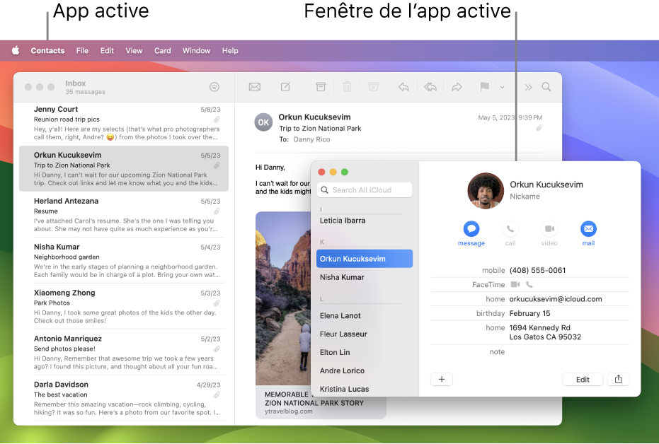 Un exemple de bureau avec plusieurs fenêtres ouvertes, mais une seule app active.