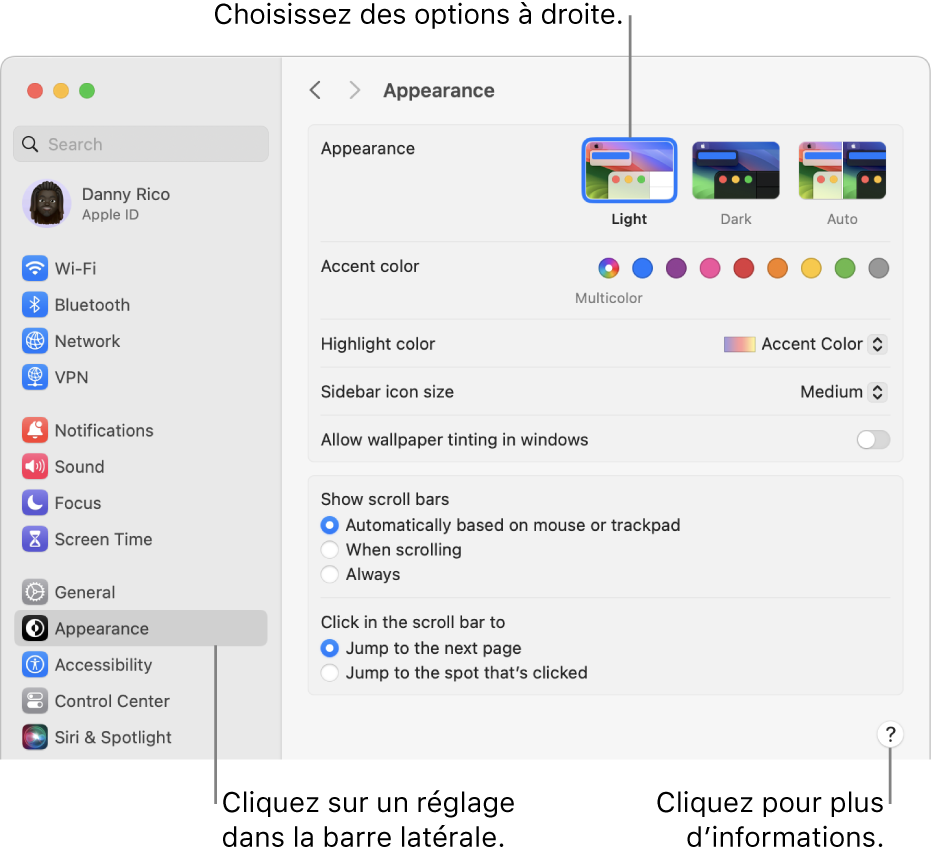 La fenêtre Réglages Système, avec les réglages Apparence sélectionnés dans la barre latérale et les options Apparence à droite.