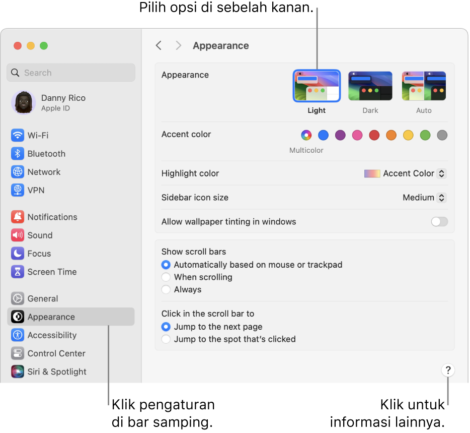 Jendela Pengaturan Sistem, dengan pengaturan Tampilan dipilih di bar samping, dan pilihan Tampilan di sebelah kanan.