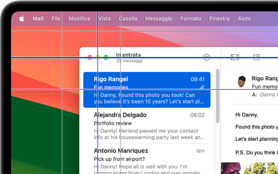 L’app Mail è aperta sulla scrivania. In sovrimpressione sullo schermo sono visibili una linea orizzontale e una riga verticale che si intersecano su un pulsante nell’app.