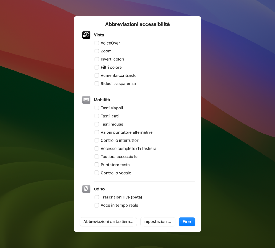 Il pannello delle abbreviazioni di accessibilità che elenca le funzionalità visive, come “Filtri colore”, le funzionalità fisiche e motorie, come “Accesso completo da tastiera” e le funzionalità uditive come “Trascrizioni live” (beta).