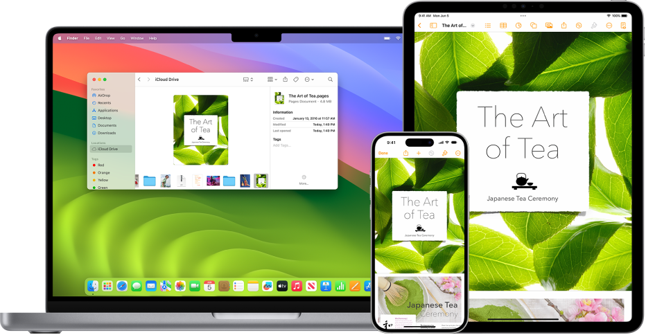Lo stesso documento Pages è presente in iCloud Drive in una finestra del Finder su un Mac e nell’app Pages su iPhone e iPad.
