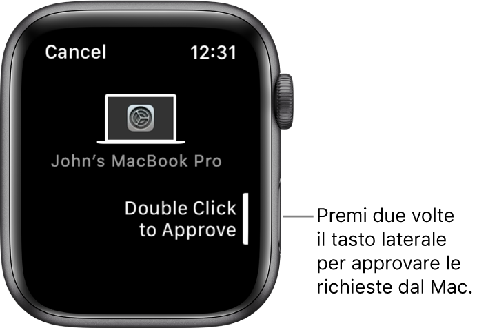 Apple Watch che mostra una richiesta di approvazione da MacBook Pro.