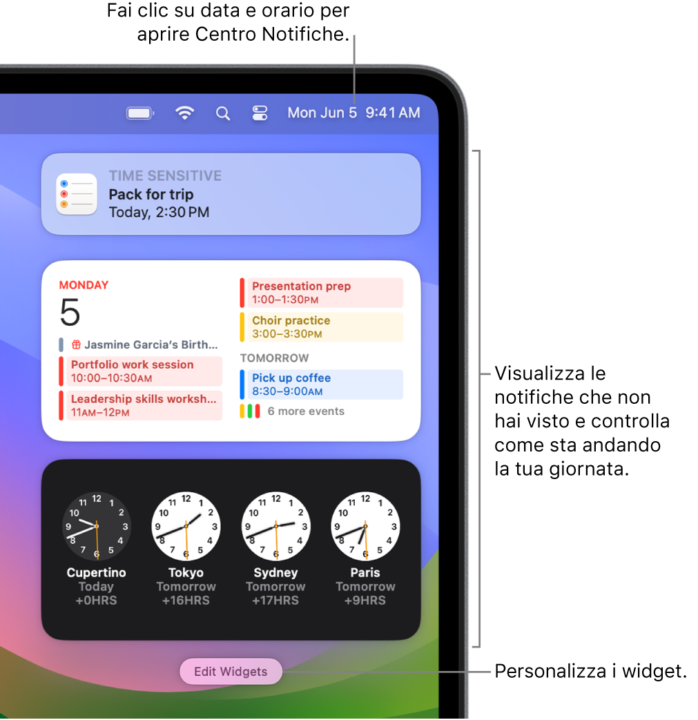 Notifiche e widget in Centro Notifiche.