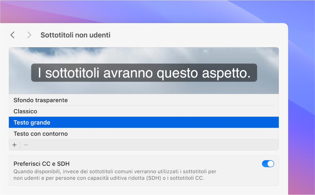 Le impostazioni Sottotitoli che mostrano un esempio di sottotitoli con testo grande.