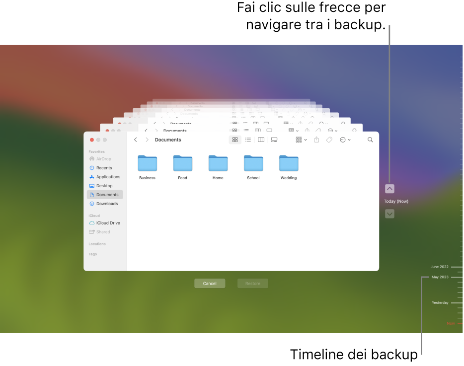 La finestra di Time Machine che mostra diverse schermate di Finder impilate che rappresentano i backup, con delle frecce per la navigazione. Le frecce e la cronologia dei backup sulla destra ti aiutano a navigare tra i backup, così puoi scegliere quali file ripristinare.