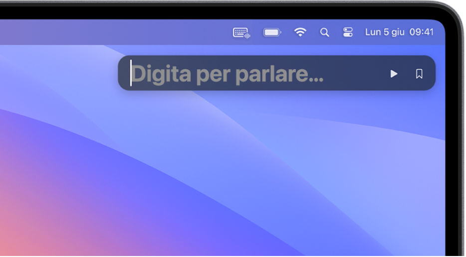 La finestra “Voce in tempo reale” è visibile sulla scrivania. Sopra, l’icona di “Voce in tempo reale” è mostrata nella barra dei menu.