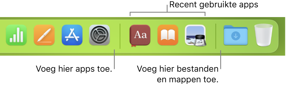 De rechterkant van het Dock met de scheidingslijnen links en rechts van het gedeelte met recent gebruikte apps.