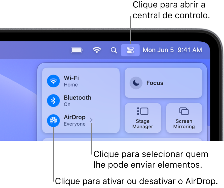 Uma janela da central de controlo a mostrar os controlos para ativar e desativar AirDrop e escolher quem lhe pode enviar elementos.