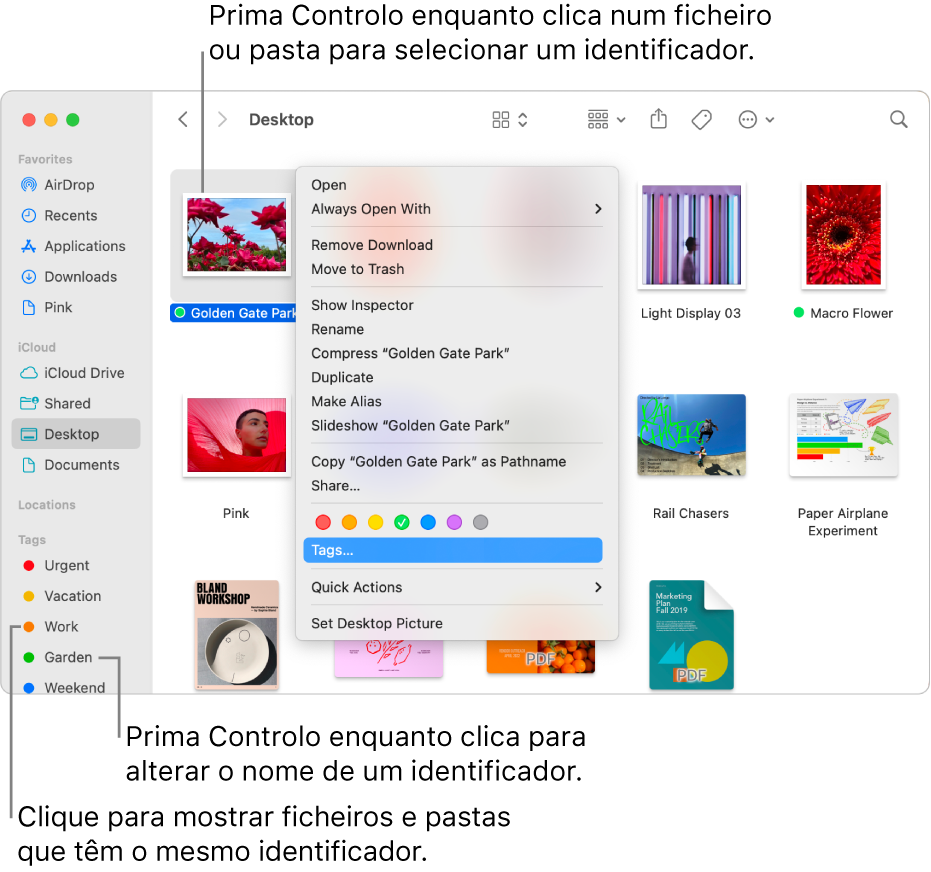 Uma janela do Finder com pastas e ficheiros identificados, com um ficheiro selecionado. No menu de atalhos, há três opções de cores para os identificadores e “Identificadores” está realçado.