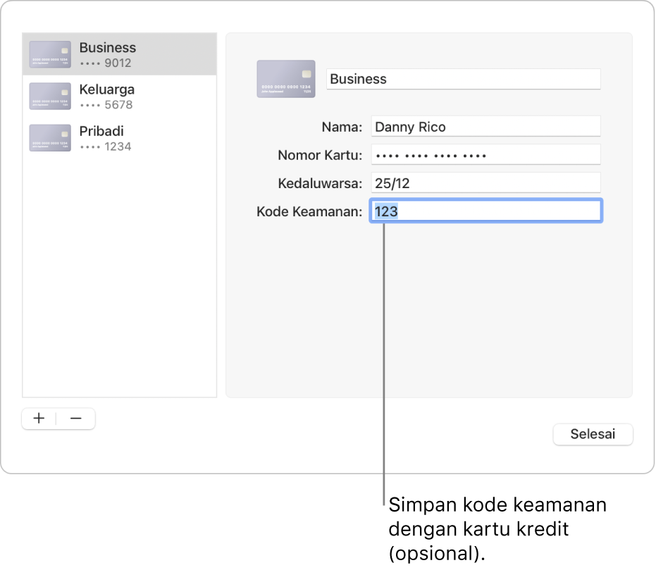 Formulir kartu kredit dengan bidang untuk memasukkan nama, nomor kartu, tanggal kedaluwarsa, dan kode keamanan.