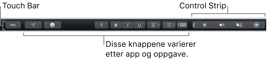 Touch Bar langs toppen av tastaturet, som viser minimert Control Strip til høyre og knapper som varierer avhengig av app eller oppgave.