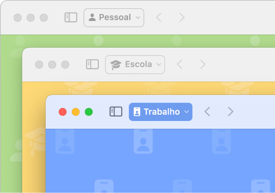 Três janelas de perfis no Safari: um para uso pessoal, um para a escola e um para o trabalho.