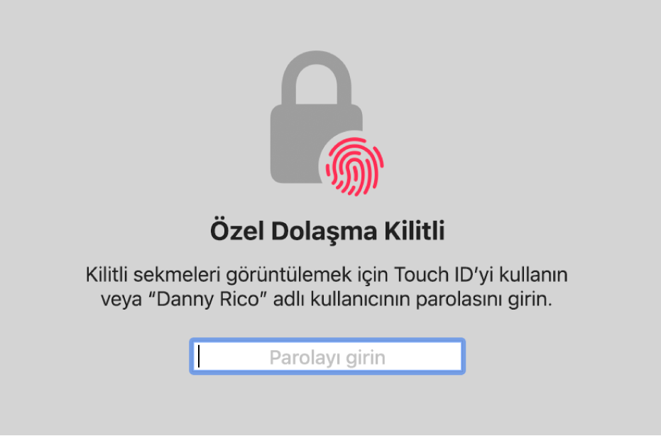 Özel Dolaşma pencerelerinin kilidini açmak için Touch ID isteyen veya parolanızı soran bir pencere.