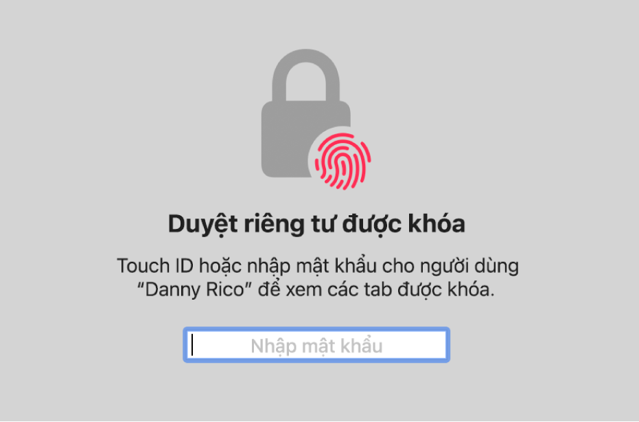 Một cửa sổ đang yêu cầu Touch ID hoặc mật khẩu của bạn để mở khóa các cửa sổ Duyệt riêng tư.