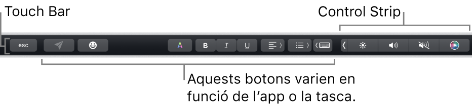 La Touch Bar, situada a la part superior del teclat, que mostra la Control Strip contreta, a la dreta, i botons que varien segons l'app o la tasca.