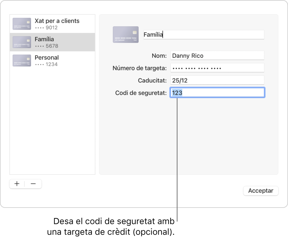 Un formulari de targeta de crèdit amb camps per introduir el nom, el número de targeta, la data de caducitat i el codi de seguretat.