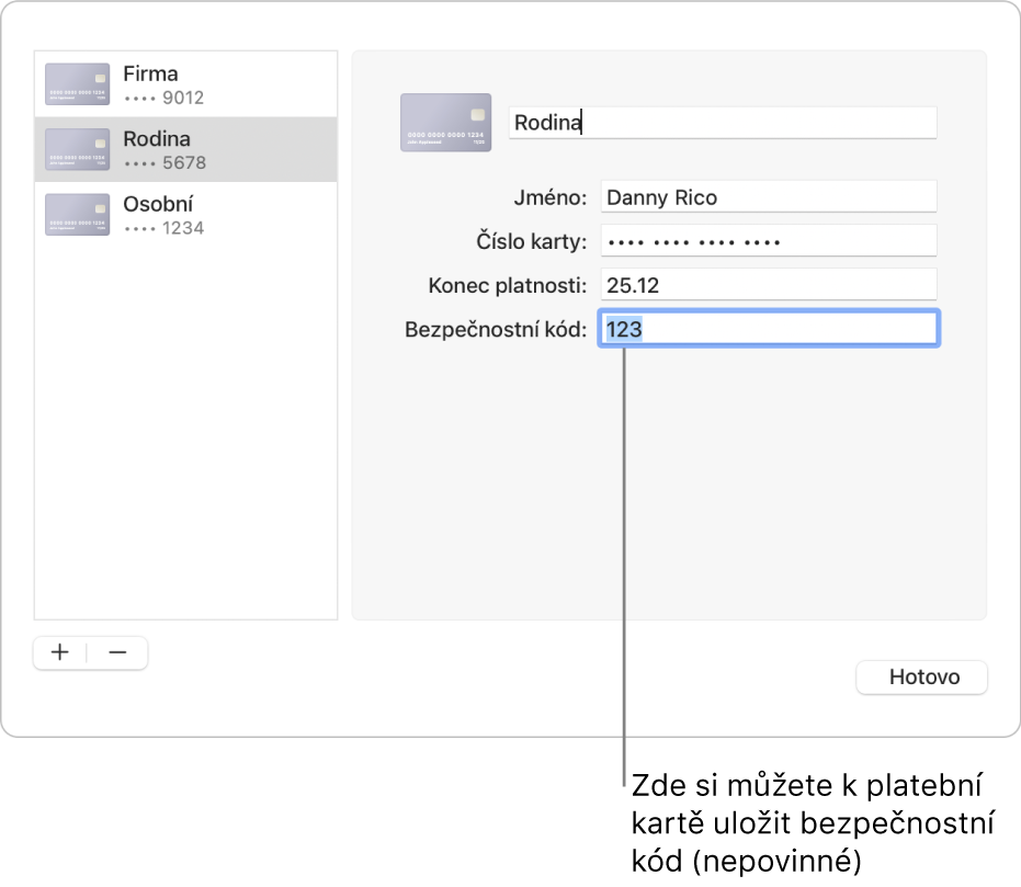 Formulář platební karty s poli pro zadání jména, čísla, data vypršení platnosti, a bezpečnostního kódu karty