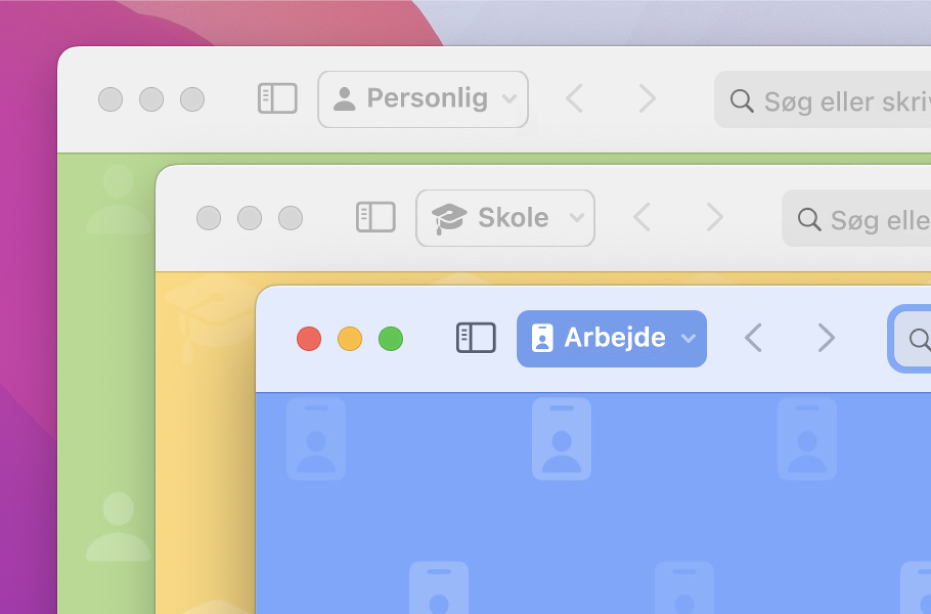 Tre Safari-profilvinduer: et til personligt brug, et til skole og et til arbejde.