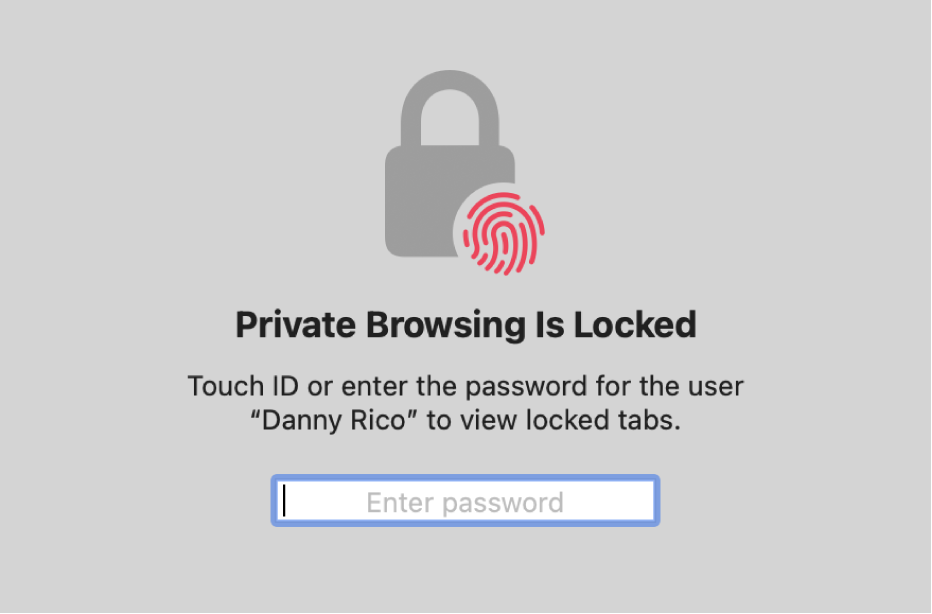 A window asking for Touch ID or your password to unlock Private Browsing windows.