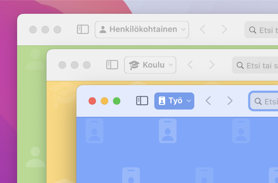 Kolme Safarin profiili-ikkunaa: yksi henkilökohtaiseen, yksi koulu- ja yksi työkäyttöön.