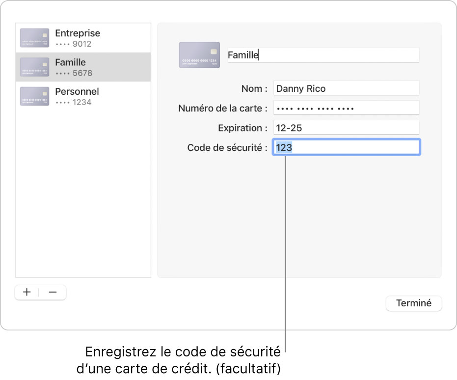 Un formulaire de carte de crédit avec des champs pour saisir le nom, le numéro de carte, la date d’expiration et le code de sécurité.