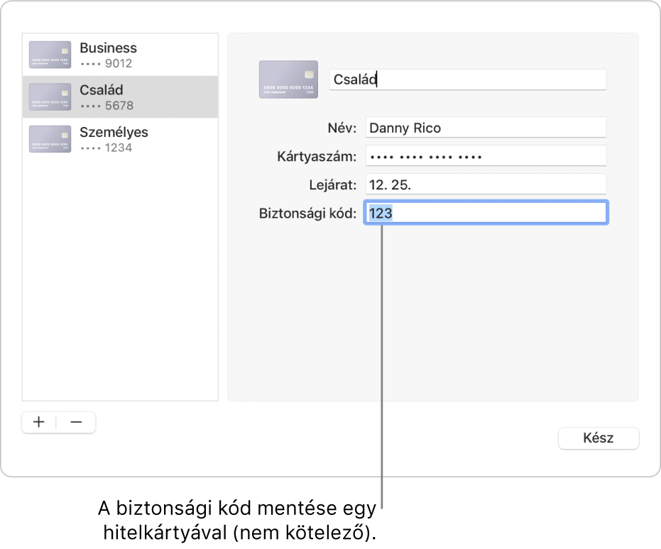 Egy hitelkártyaűrlap a név, a kártyaszám, a lejárati dátum és a biztonsági kód megadására szolgáló mezőkkel.