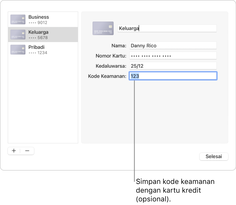 Formulir kartu kredit dengan bidang untuk memasukkan nama, nomor kartu, tanggal kedaluwarsa, dan kode keamanan.