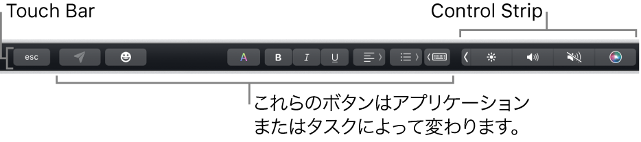 キーボード上部のTouch Barの右側には折りたたまれたControl Stripが、左側にはアプリケーションや作業によって異なるボタンが表示されています。