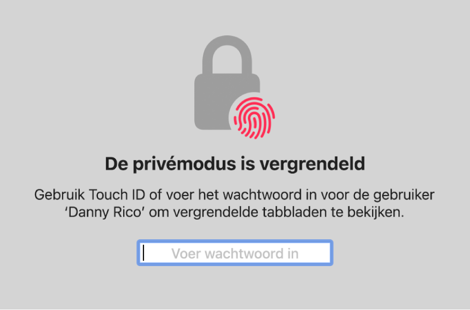 Een venster dat vraagt om Touch ID of je wachtwoord voor het ontgrendelen van privévensters.