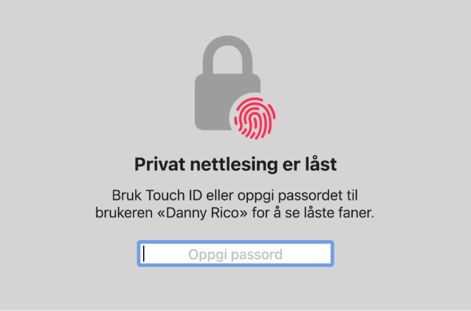 Et vindu der Touch ID eller passord må oppgis for å låse opp faner og vinduer i Privat nettlesing.