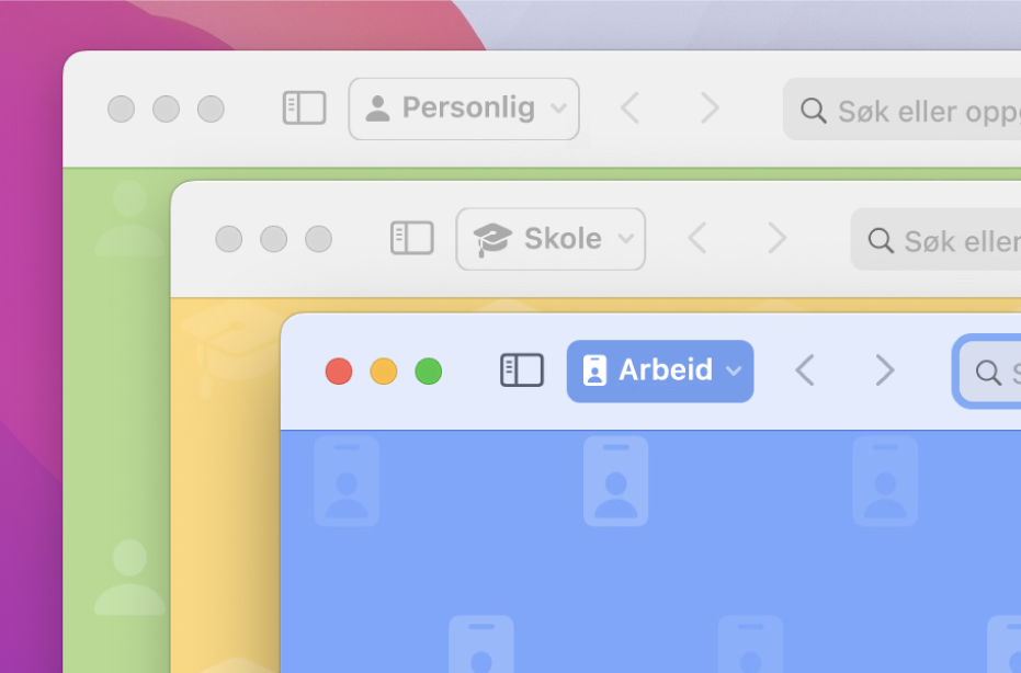 Tre Safari-profilvinduer: en til personlig bruk, en til skole og en til jobb.