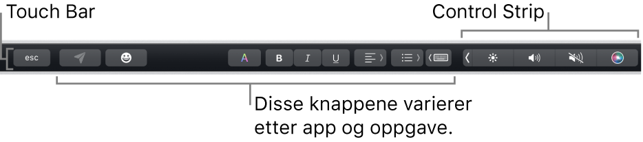 Touch Bar langs toppen av tastaturet, som viser minimert Control Strip til høyre og knapper som varierer avhengig av app eller oppgave.