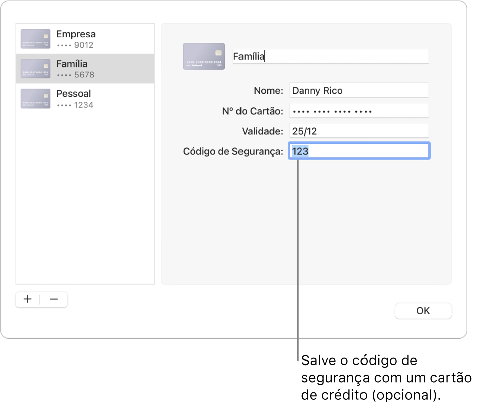 Um formulário de cartão de crédito com campos para inserir o nome, número do cartão, data de validade e código de segurança.