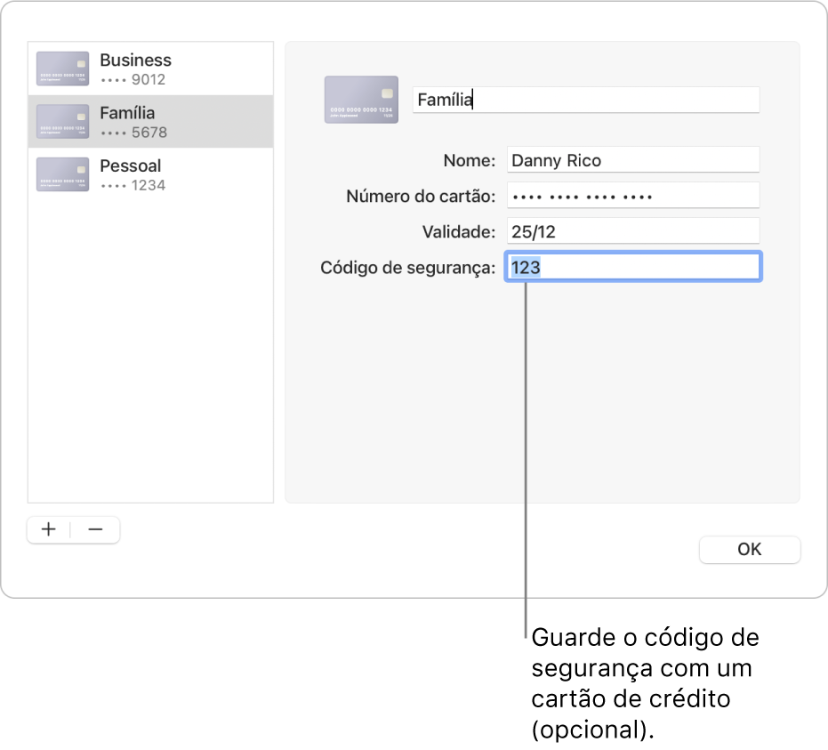 Um formulário de cartão de crédito com campos para introduzir o nome, o número do cartão, a data de validade e o código de segurança.