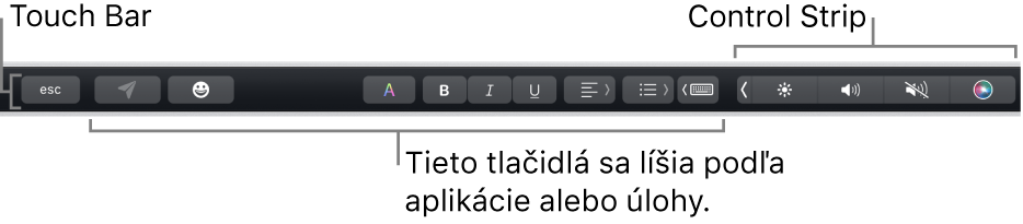 Touch Bar v hornej časti klávesnice so zbaleným Control Stripom na pravej strane a tlačidlami, ktoré sa líšia v závislosti od apky alebo úlohy.