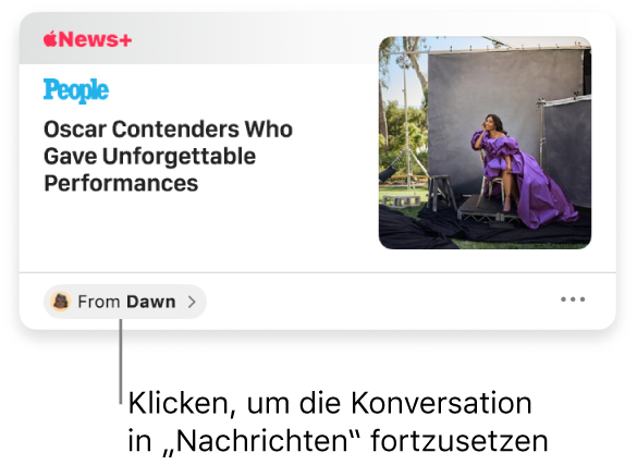 Ein News-Artikel, der in der App „News“ geteilt wird. Klicke auf das Etikett „Von“, um in der App „Nachrichten“ eine Antwort zu senden.