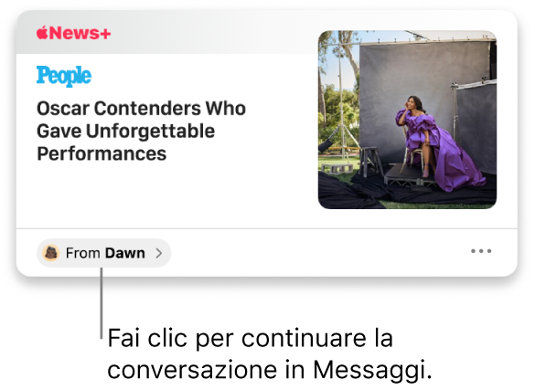 Un articolo condiviso in News. Fai clic sull’etichetta Da per inviare una risposta in Messaggi.