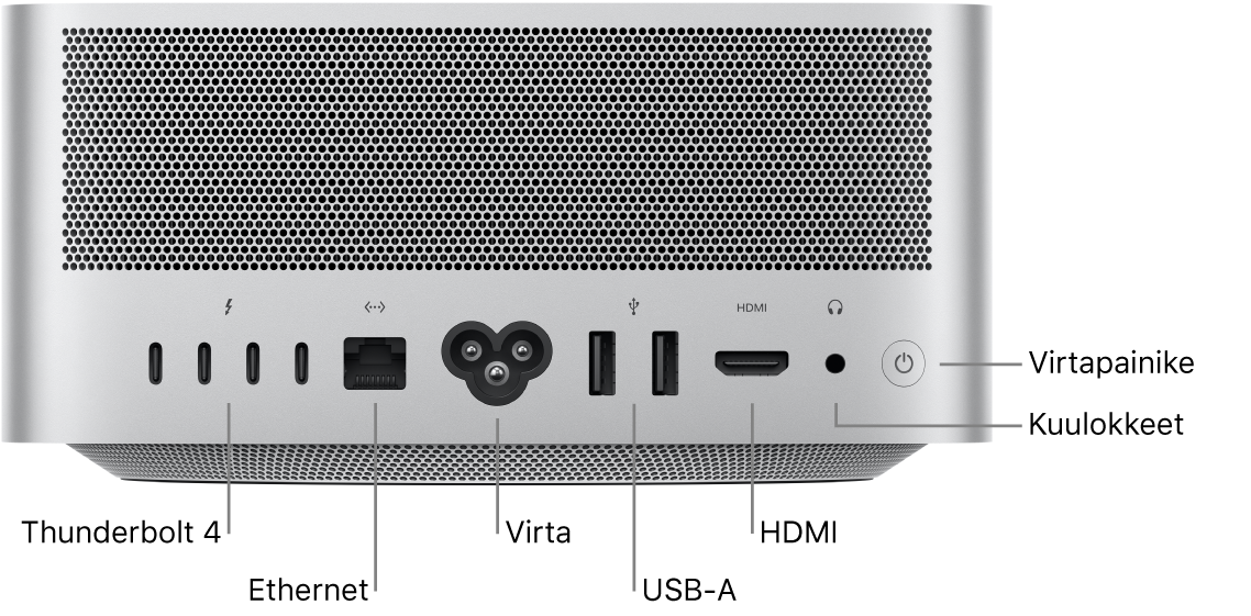 Mac Studion taustapuoli, jossa näkyy neljä Thunderbolt 4 (USB-C) -porttia, Gigabit Ethernet -portti, virtaportti, kaksi USB-A-porttia, HDMI-portti, 3,5 mm kuulokeliitäntä ja virtapainike.