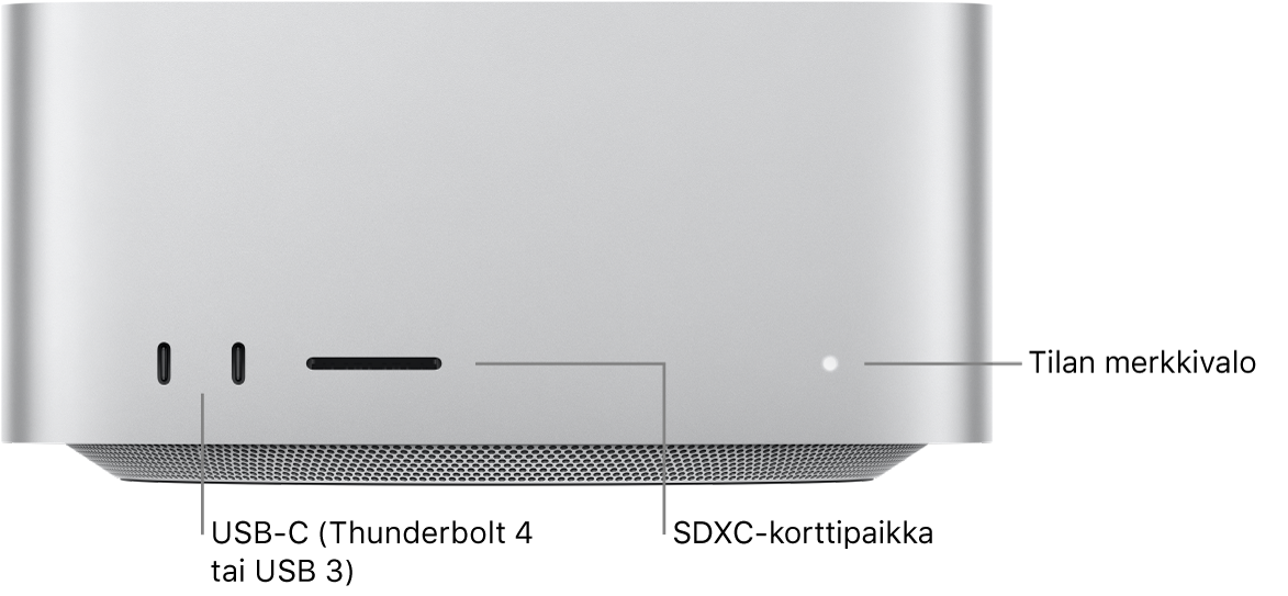 Mac Studion etupuoli, jossa näkyy kaksi USB-C-porttia, SDXC-korttipaikka ja tilan merkkivalo.