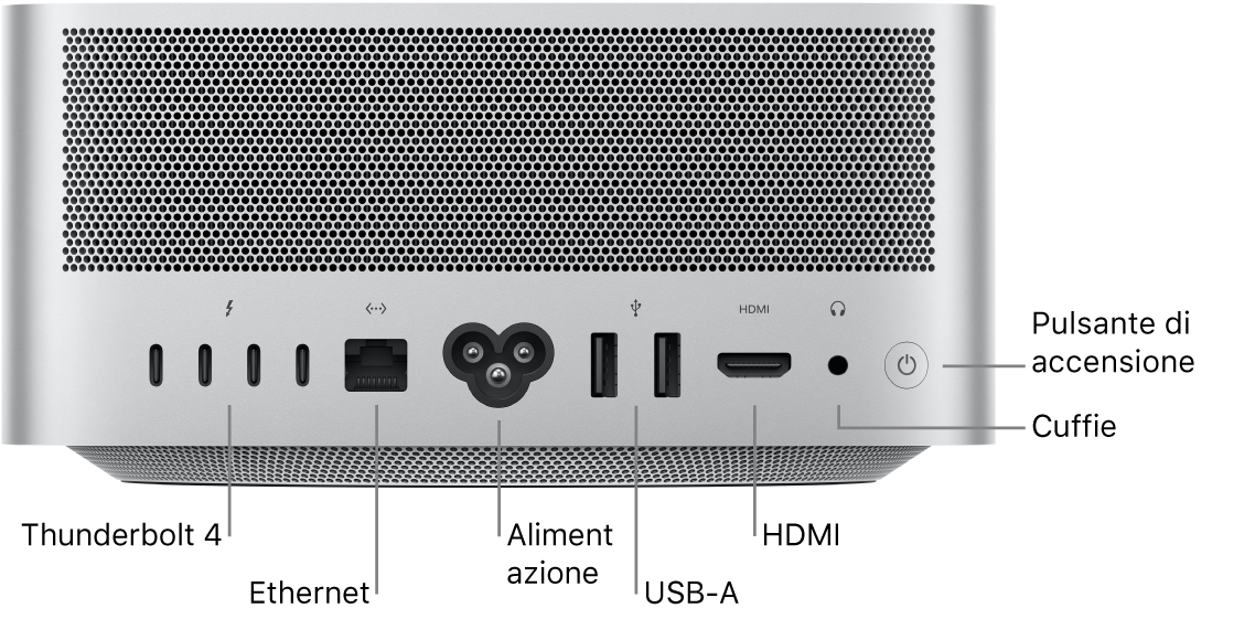 Il retro di Mac Studio che mostra quattro porte Thunderbolt 4 (USB-C), la porta Ethernet Gigabit, la porta di alimentazione, due porte USB-A, la porta HDMI, il jack per le cuffie da 3,5 mm e il pulsante di accensione.