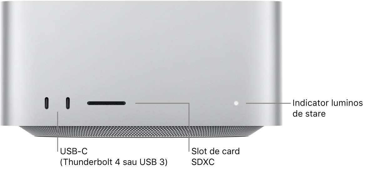 Partea frontală a Mac Studio-ului afișând două porturi USB-C, slotul de card SDXC și indicatorul luminos de stare.