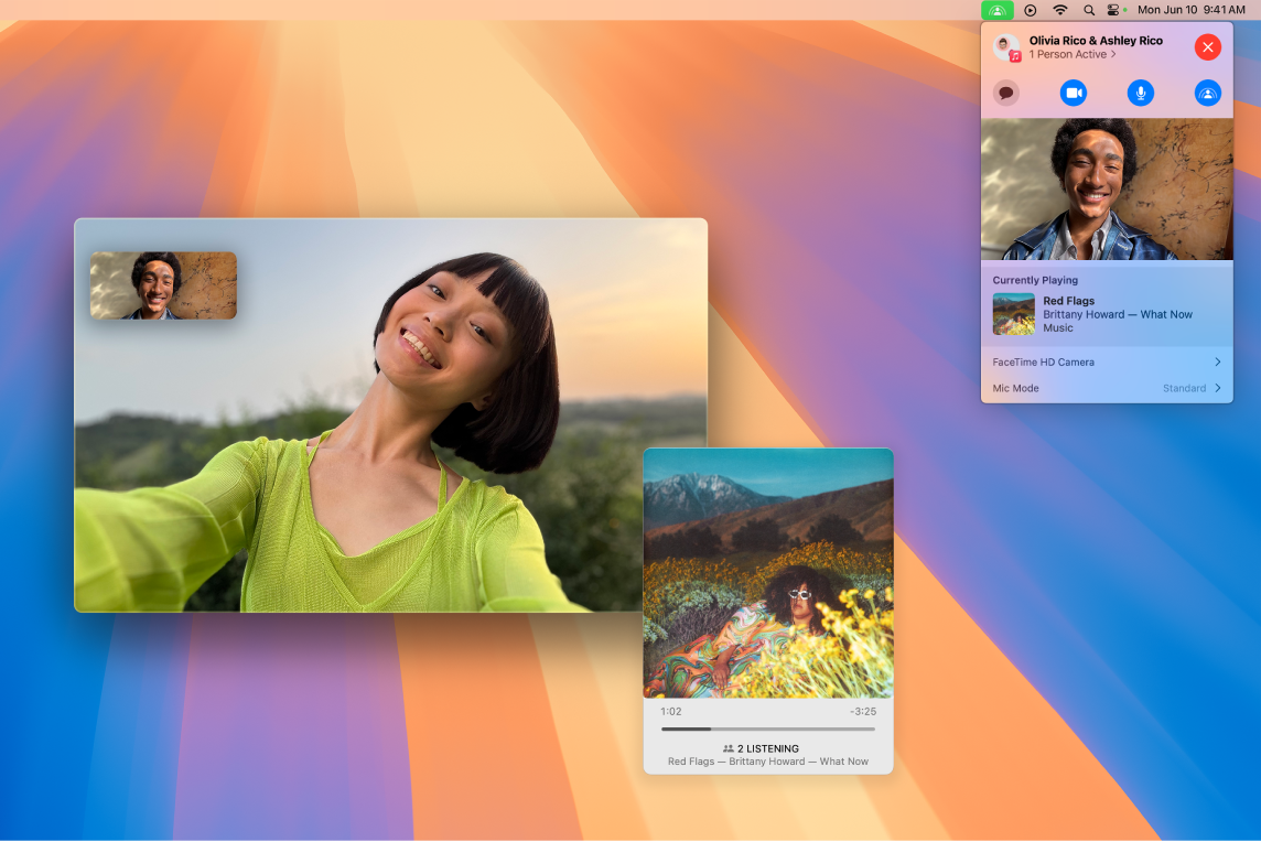 The FaceTime window showing a call with the participants using SharePlay to listen to an album together.