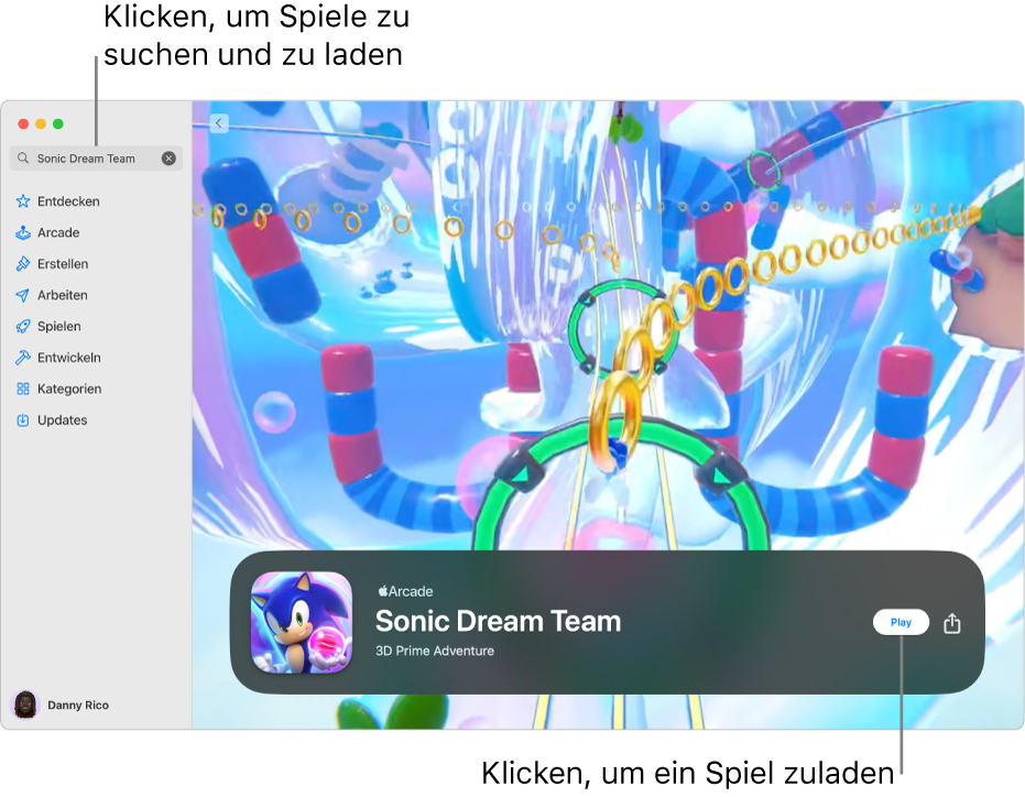 Die Hauptseite von Apple Arcade Rechts wird ein beliebtes Spiel angezeigt.