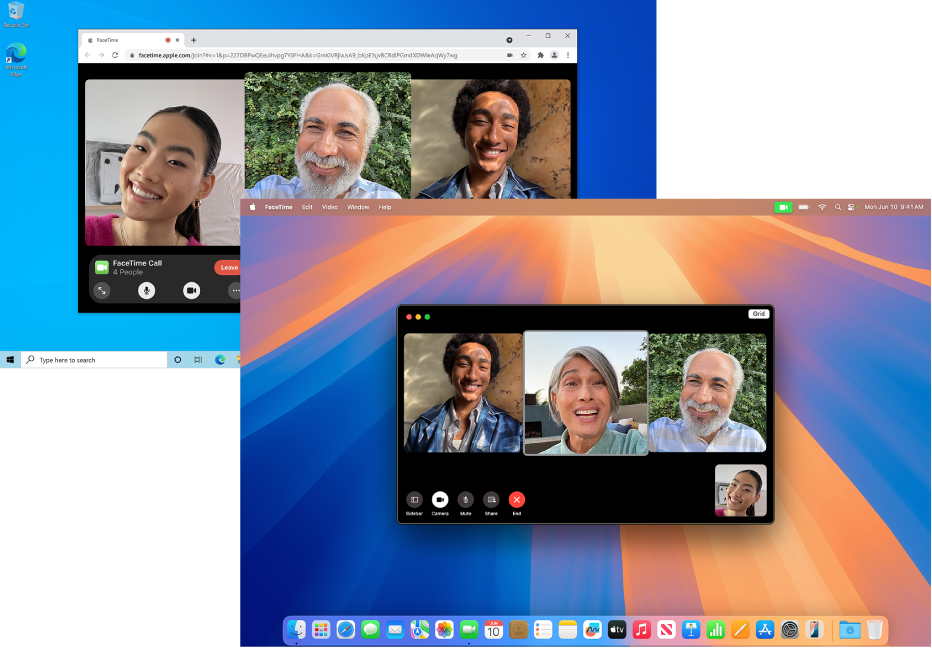 Un MacBook Pro avec un appel FaceTime en groupe en cours. Derrière se trouve un ordinateur sur lequel se déroule un appel en groupe via FaceTime sur le Web.