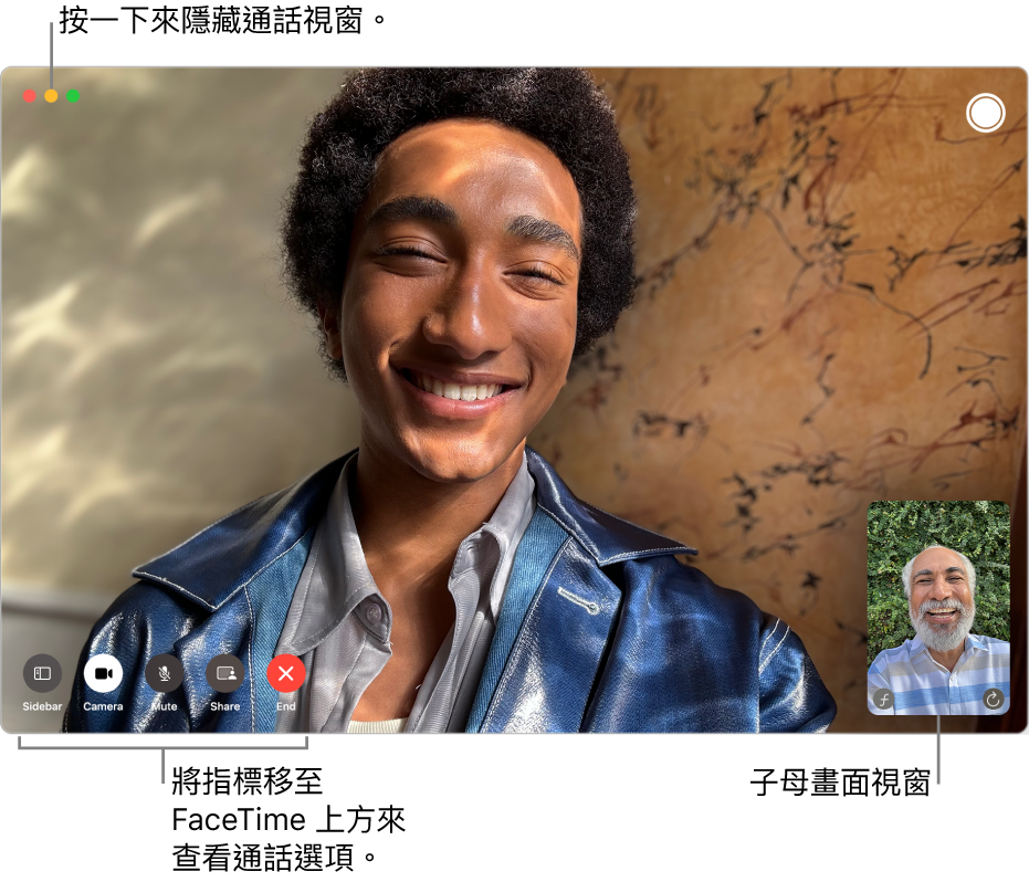 將指標移至 FaceTime 視窗上來查看「側邊欄」、「相機」、「靜音」、「共享螢幕」、「結束通話」和「原況照片」按鈕。按一下左上角的中間按鈕來隱藏通話視窗。子母畫面視窗會顯示在右下角。